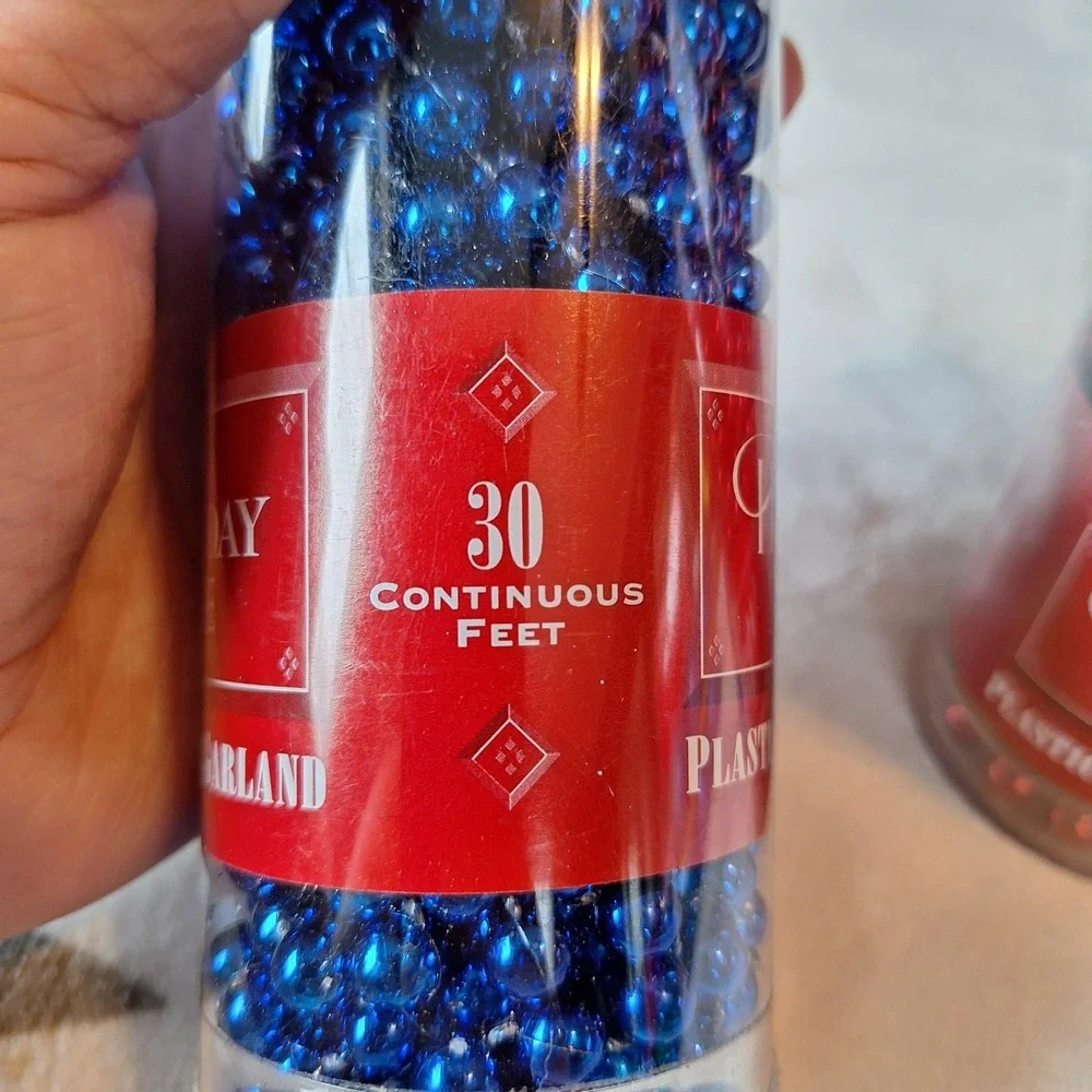 Vintage Set of 3‎ 30 Foot Plastic Bead Garlands Holiday Lane 2 Blue 1 Red